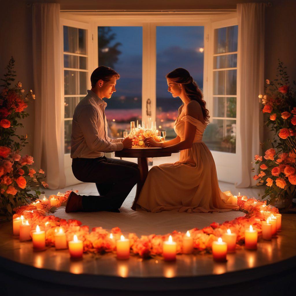 A serene, romantic setting featuring a couple in an intimate moment, surrounded by soft candlelight and vibrant flowers. The atmosphere exudes warmth and passion, highlighting symbols of love such as a heart-shaped arrangement in the foreground. The background softly fades into hints of twilight colors, emphasizing tranquility and connection. super-realistic. vibrant colors. soft lighting.
